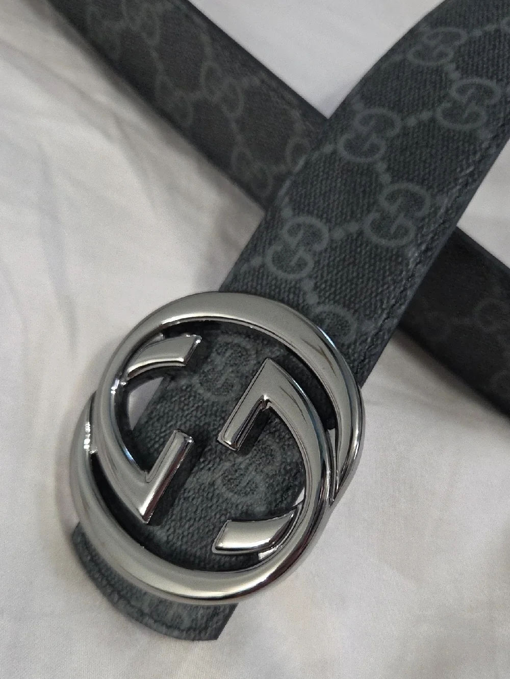 Gucci Reversible Gray Monogram GG Leather Belt with Silver Double G Buckle